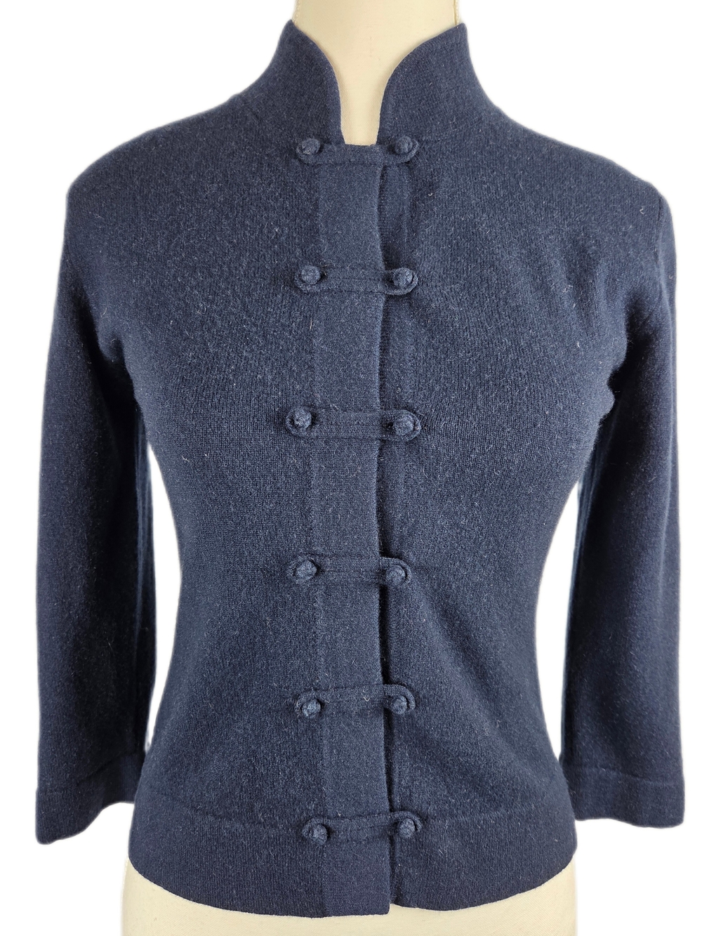 Autumn Cashmere 100% Pure Cashmere Mandarin Collar Frog Closure Cardigan Navy